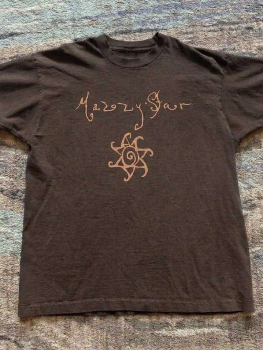 Gildan Black Short-Sleeve Tee with Beige Script & Spiral Motif